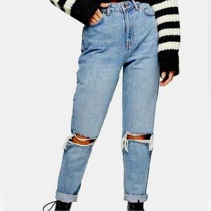 Topshop Blue Denim Distressed Mom Jeans 36 W And 32 L  NEW Size 14